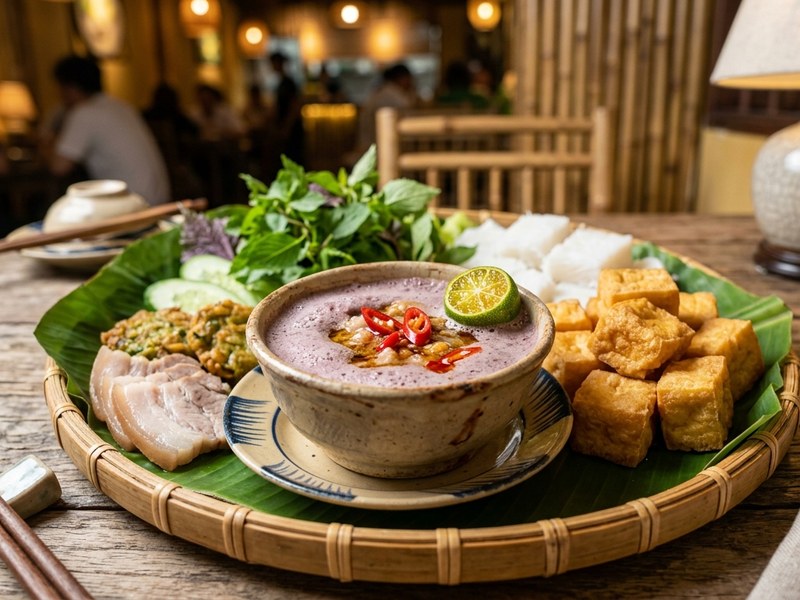 Mẹt bún đậu mắm tôm đầy đủ gồm đậu mơ rán giòn, thịt chân giò luộc và chả cốm
