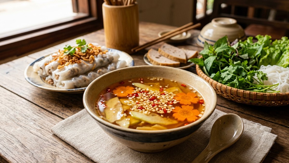 Bát nước chấm bánh cuốn nóng và bún chả Hà Nội thanh tao kèm dưa góp đu đủ