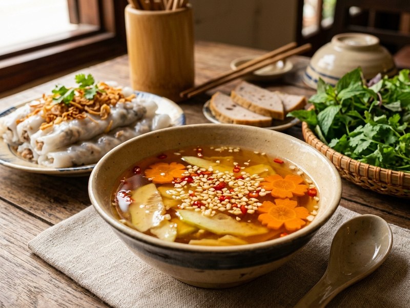 Đĩa bánh cuốn nóng rắc hành phi giòn tan bên cạnh bát nước chấm ấm nóng kèm chả quế