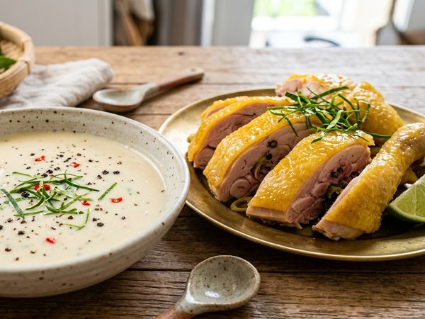 Đĩa gà ủ muối hoa tiêu da vàng óng chấm bát sốt sữa tiêu chanh lá chanh