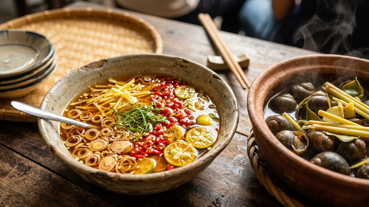 Bát nước chấm ốc luộc Hà Nội gừng sả quất lá chanh thơm lừng
