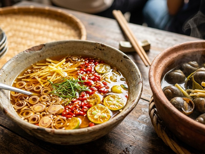 Bát nước chấm ốc luộc thành phẩm sánh đậm chấm cùng ốc mít ốc bươu luộc sả