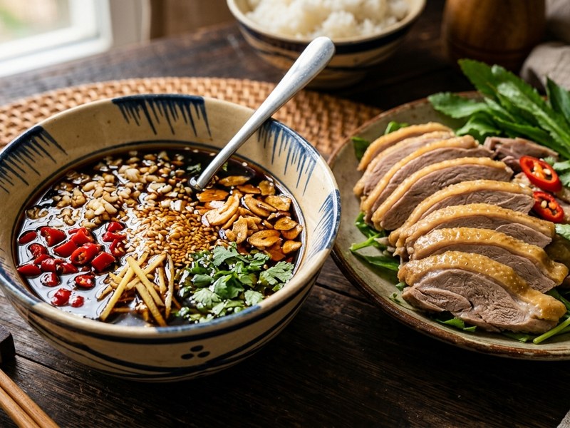 Đĩa thịt vịt luộc da mỏng thịt mềm chấm cùng bát xì dầu tỏi ớt gừng