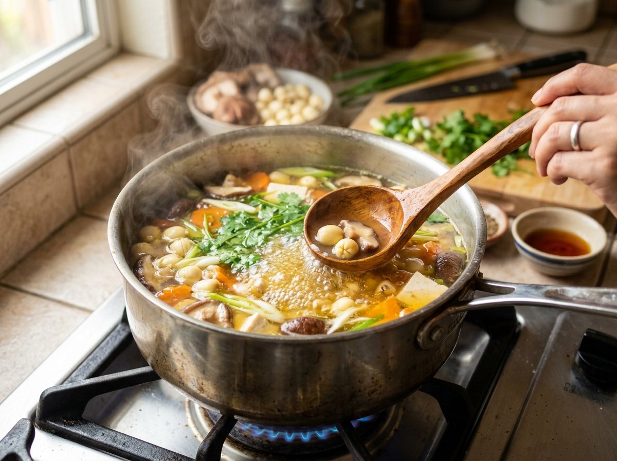 Nồi canh nấm hạt sen sôi liu riu bốc khói nghi ngút nước trong vắt