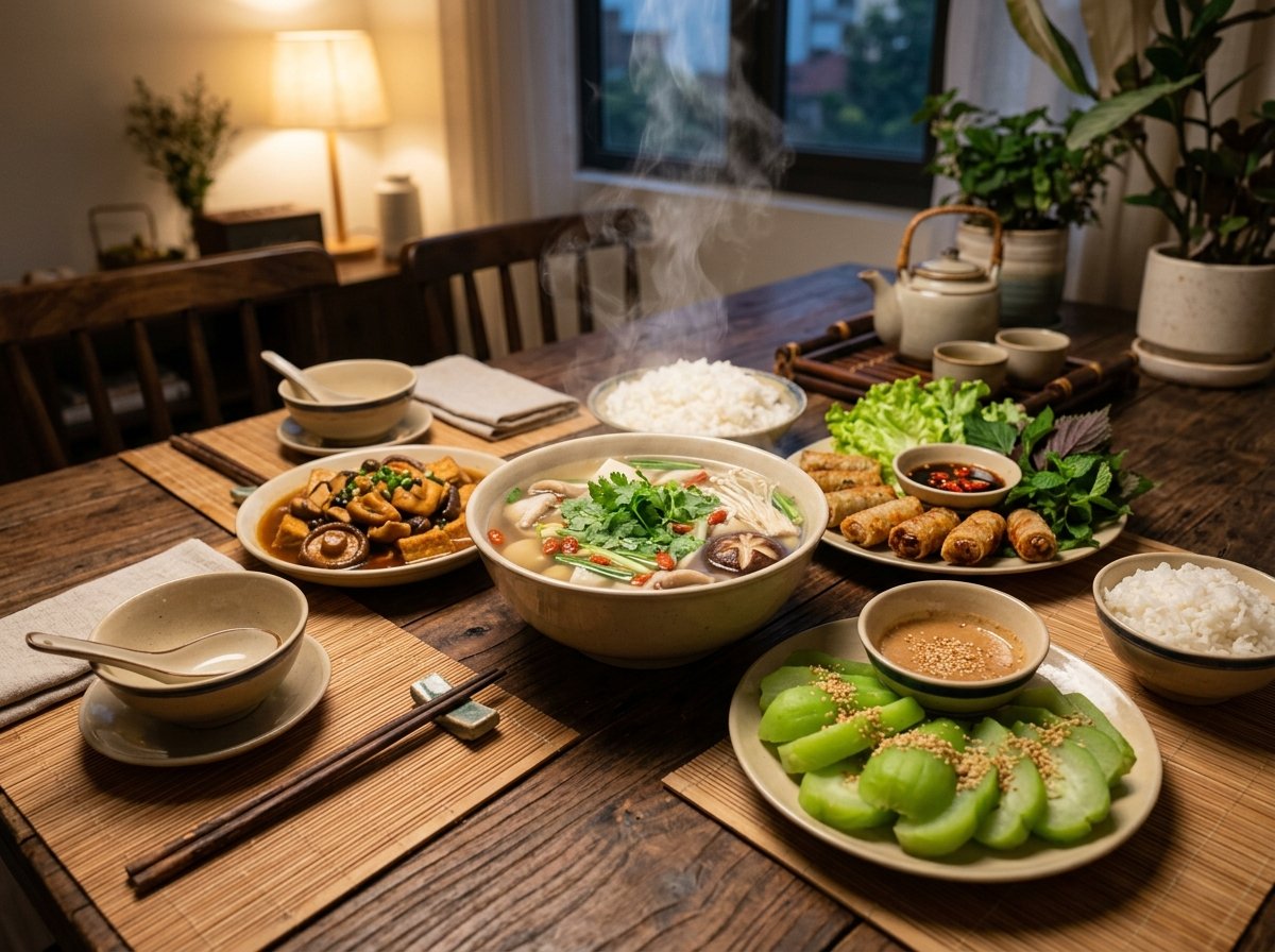 Mâm cơm chay gia đình ấm cúng với tô canh nấm hạt sen đậu hũ non làm trung tâm