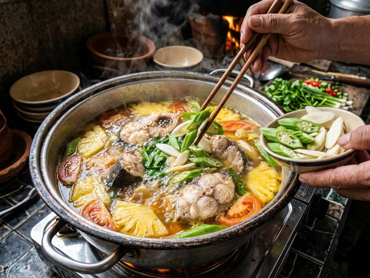 Nấu canh chua cá lóc Nam Bộ: Cá lóc chao sơ ninh cùng dứa, cà chua, đậu bắp và bạc hà bốc khói