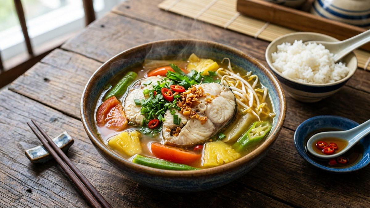 Bát canh chua cá lóc Nam Bộ bốc khói thơm lừng với dứa, cà chua, bạc hà và tỏi phi Feedy
