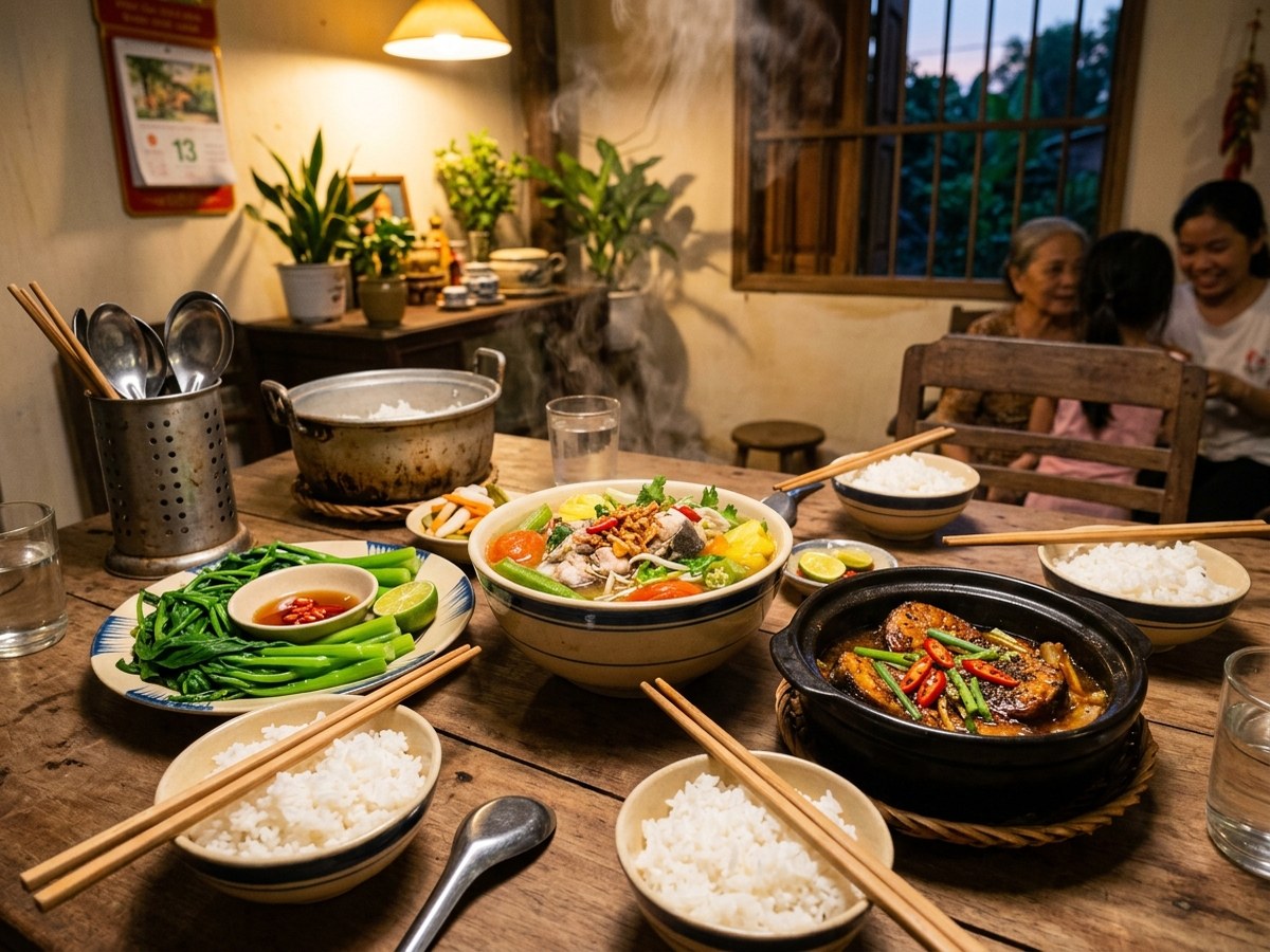 Mâm cơm gia đình Nam Bộ trọn vẹn với tô canh chua cá lóc bốc khói, cá kho tộ kẹo sánh và cơm trắng