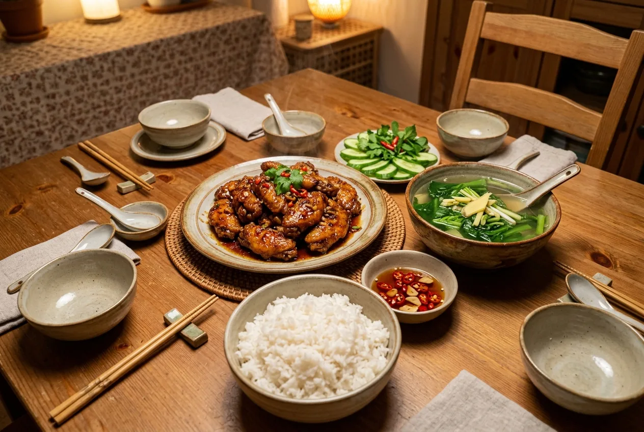 Mâm cơm gia đình ấm cúng với đĩa cánh gà chiên nước mắm làm tâm điểm ăn kèm canh cải và cơm trắng nóng hổi