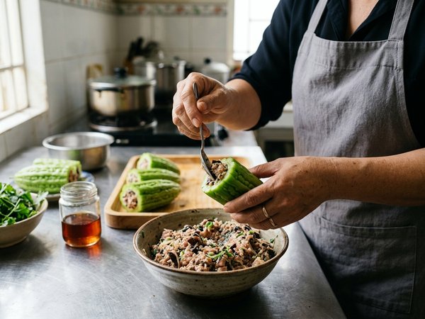 Đầu bếp nhồi thịt băm mộc nhĩ vào khúc khổ qua xanh mướt