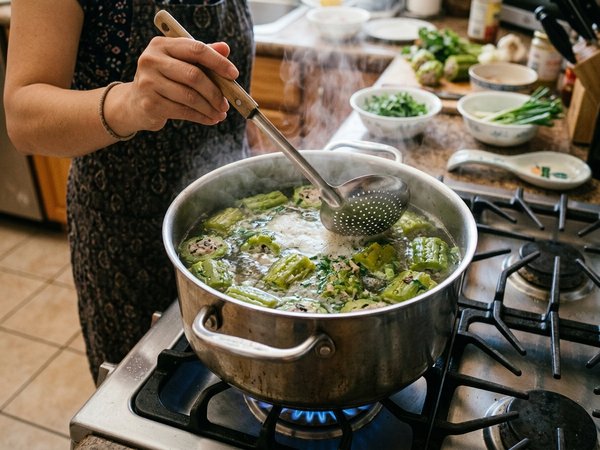 Nồi canh khổ qua nhồi thịt đang sôi lăn tăn hớt bọt nước trong