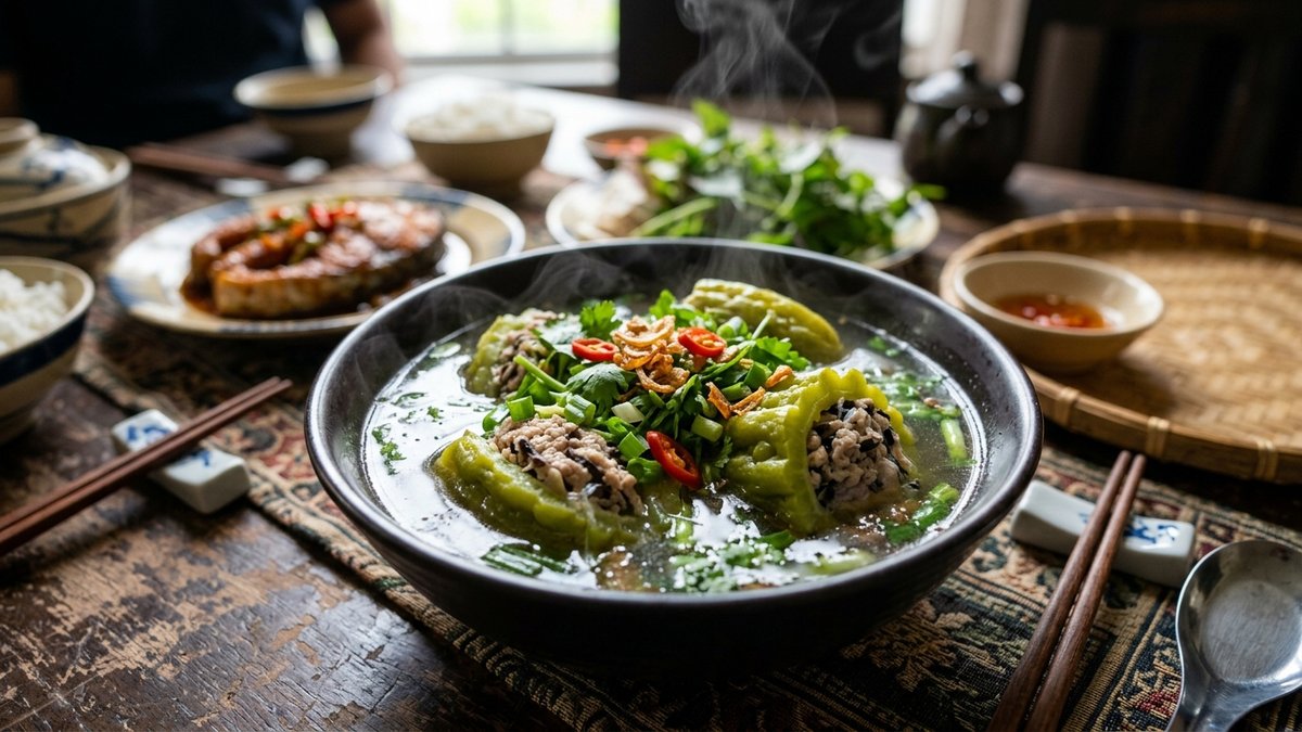 Tô canh khổ qua nhồi thịt nước dùng trong vắt thơm nức hành ngò bốc khói