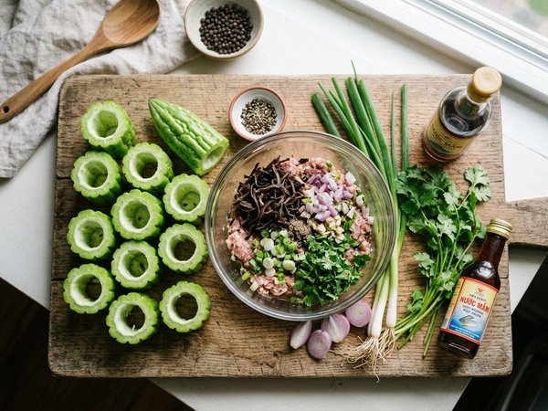 Mâm nguyên liệu nấu canh khổ qua nhồi thịt gồm khổ qua rỗng ruột thịt băm mộc nhĩ