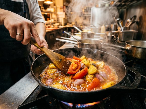 Xào dứa và cà chua trong chảo tạo nước sốt canh chua đỏ vàng óng ánh