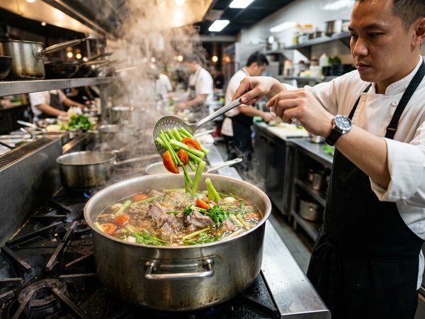 Đầu bếp thả dọc mùng xanh mướt và cà chua vào nồi canh sườn đang sôi sùng sục