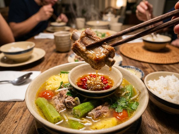 Gắp miếng sườn non mềm róc xương chấm nước mắm ớt cạnh đĩa dọc mùng giòn sần sật
