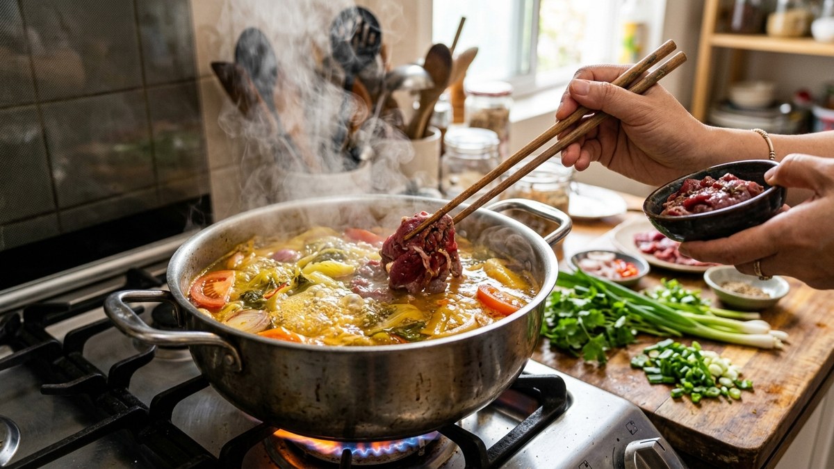 Thao tác nấu canh thịt bò dưa chua nồi canh sôi bốc khói dưa cải vàng rộm thả thịt bò xào tái vào nồi