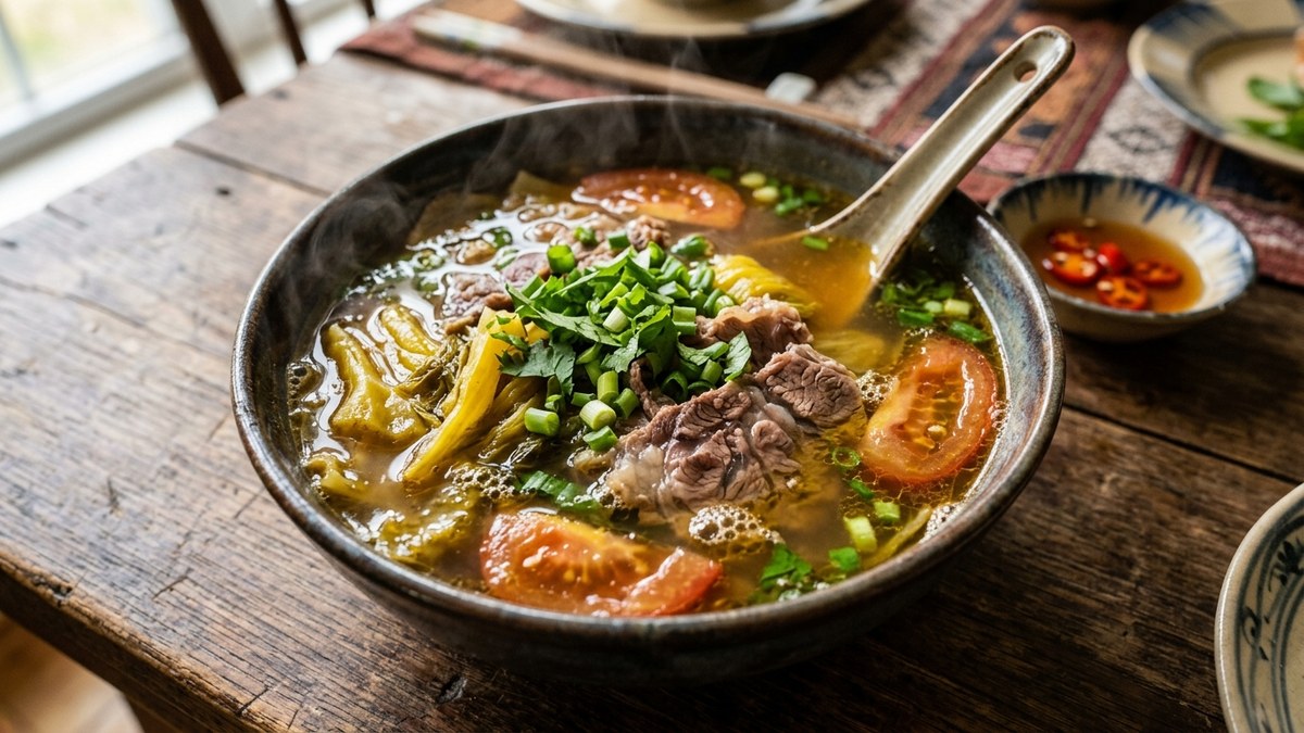Bát canh thịt bò nấu dưa chua nóng hổi chuẩn vị Bắc bắp hoa mềm ngọt dưa vàng giòn rụm cà chua đỏ óng hành mùi tàu thơm nức