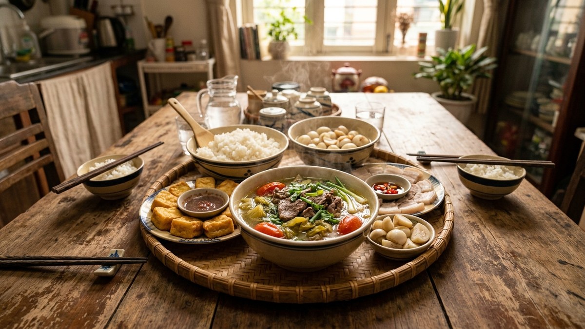 Mâm cơm gia đình miền Bắc truyền thống bát canh thịt bò nấu dưa chua đĩa đậu phụ rán vàng giòn bát cà pháo giòn tan cơm dẻo nóng hổi