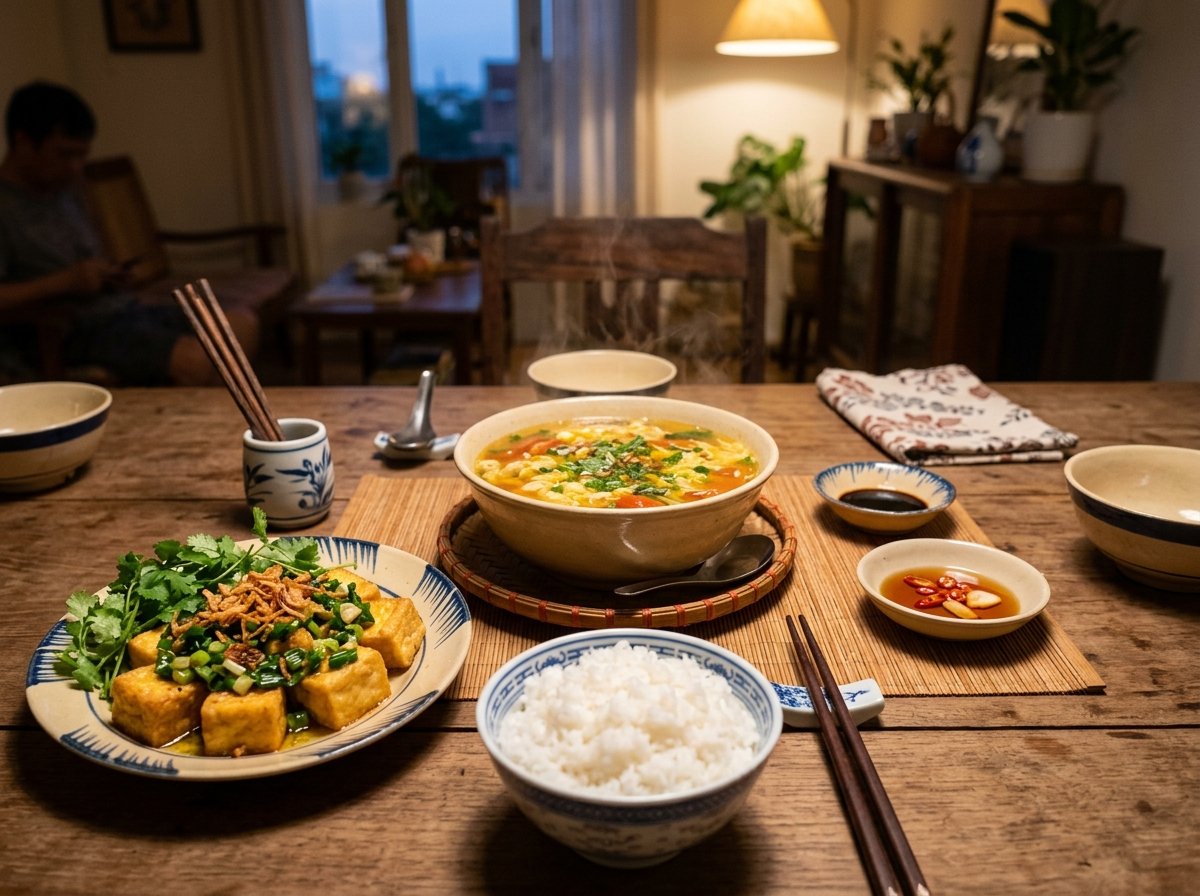 Bữa cơm gia đình ấm cúng với canh trứng cà chua và đậu hũ rán mỡ hành
