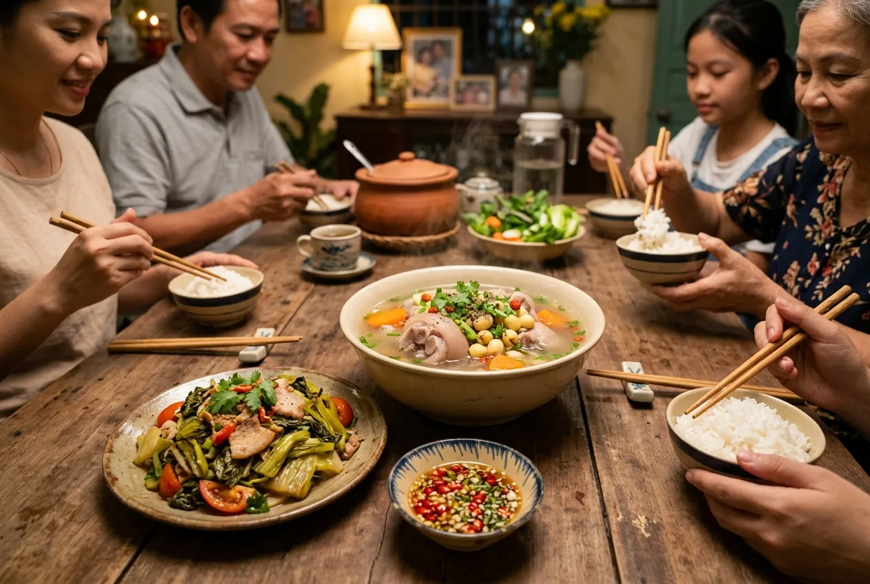 Mâm cơm gia đình bồi bổ ấm cúng với tô canh chân giò hạt sen làm tâm điểm