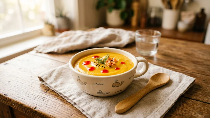 Bát cháo cá hồi bí đỏ màu vàng cam thơm ngon cho bé ăn dặm