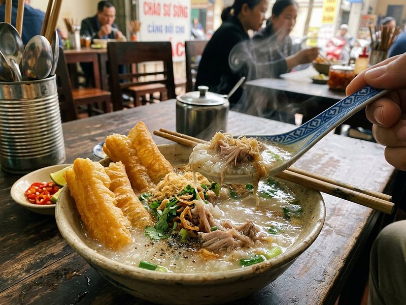 Thìa cháo sườn sánh mịn nóng hổi múc lên cùng ruốc thịt sườn mềm và quẩy giòn thơm nức mũi