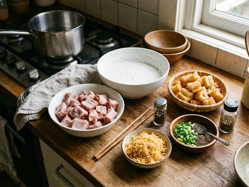 Nguyên liệu nấu cháo sườn gồm sườn non chặt khúc âu nước bột gạo quẩy giòn và ruốc thịt