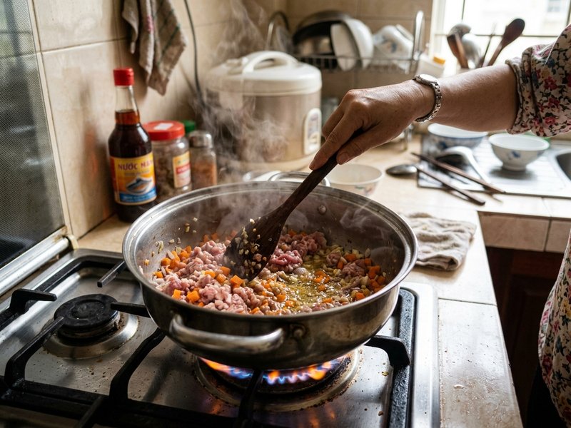 Xào săn thịt nạc băm và cà rốt thái hạt lựu với hành tím phi thơm nức trong nồi nấu cháo