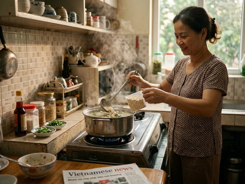Rắc yến mạch vào nồi nước dùng thịt băm cà rốt sôi lăn tăn khuấy đều cho cháo sánh mượt