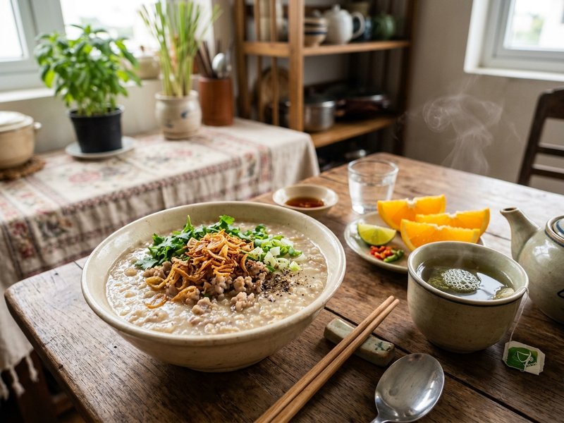 Tô cháo yến mạch thịt băm hoàn chỉnh rắc hành phi hành ngò bên cạnh ấm trà xanh và trái cây tươi