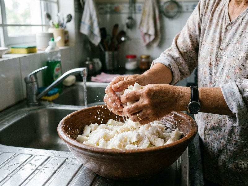 Bàn tay người nội trợ Việt bóp cùi bưởi với muối hạt biển trong âu sứ trắng tại bồn rửa bếp gia đình