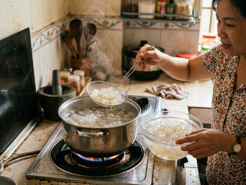 Vớt cùi bưởi luộc nổi trong veo bằng muôi thủng thả vào âu nước đá lạnh trên bếp ga gia đình