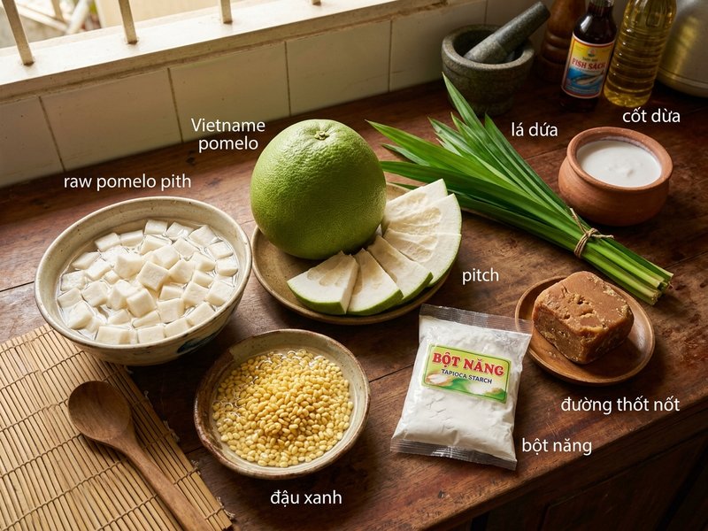 Khay nguyên liệu nấu chè bưởi An Giang: cùi bưởi da xanh, đậu xanh xát vỏ, đường thốt nốt, bột năng và nước cốt dừa