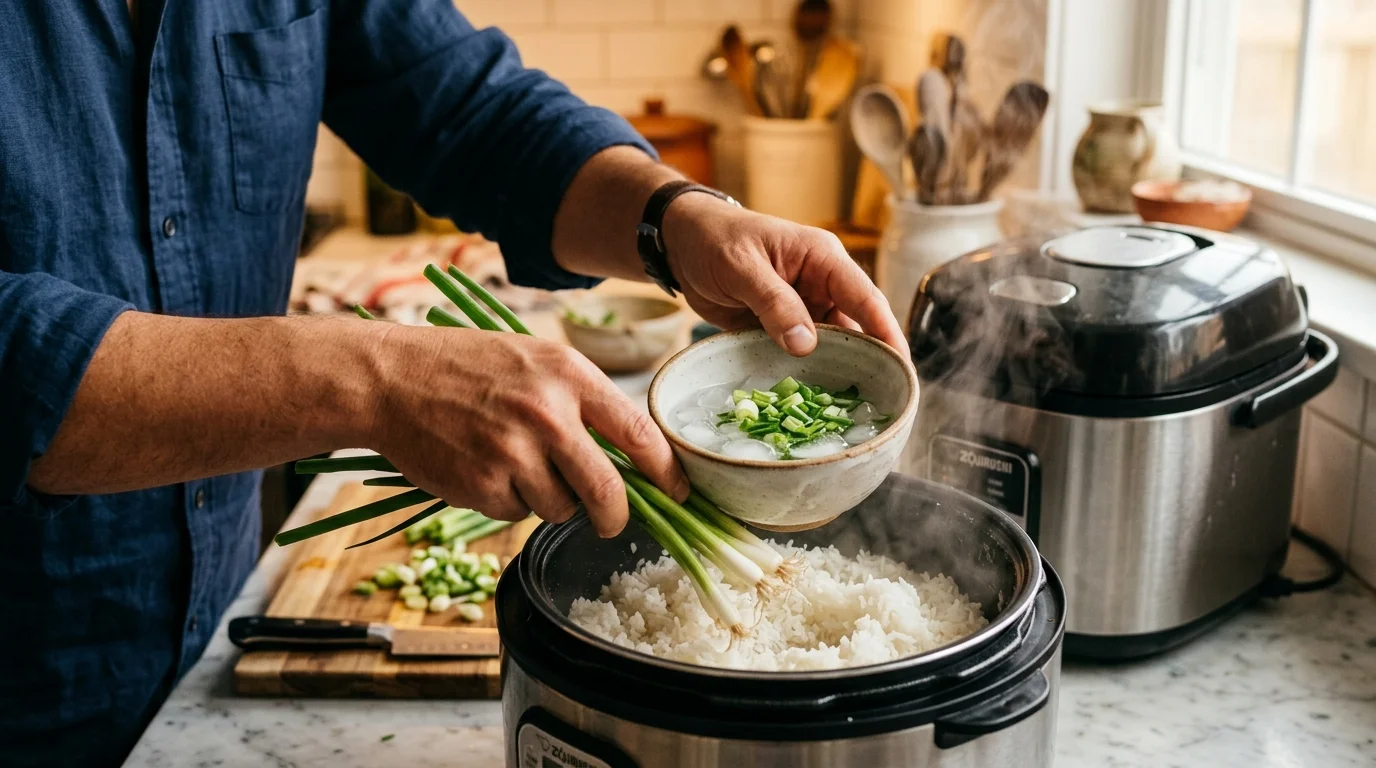 Kỹ thuật cắm hành lá và đặt chén nước lạnh ngưng tụ khói khét trong nồi cơm