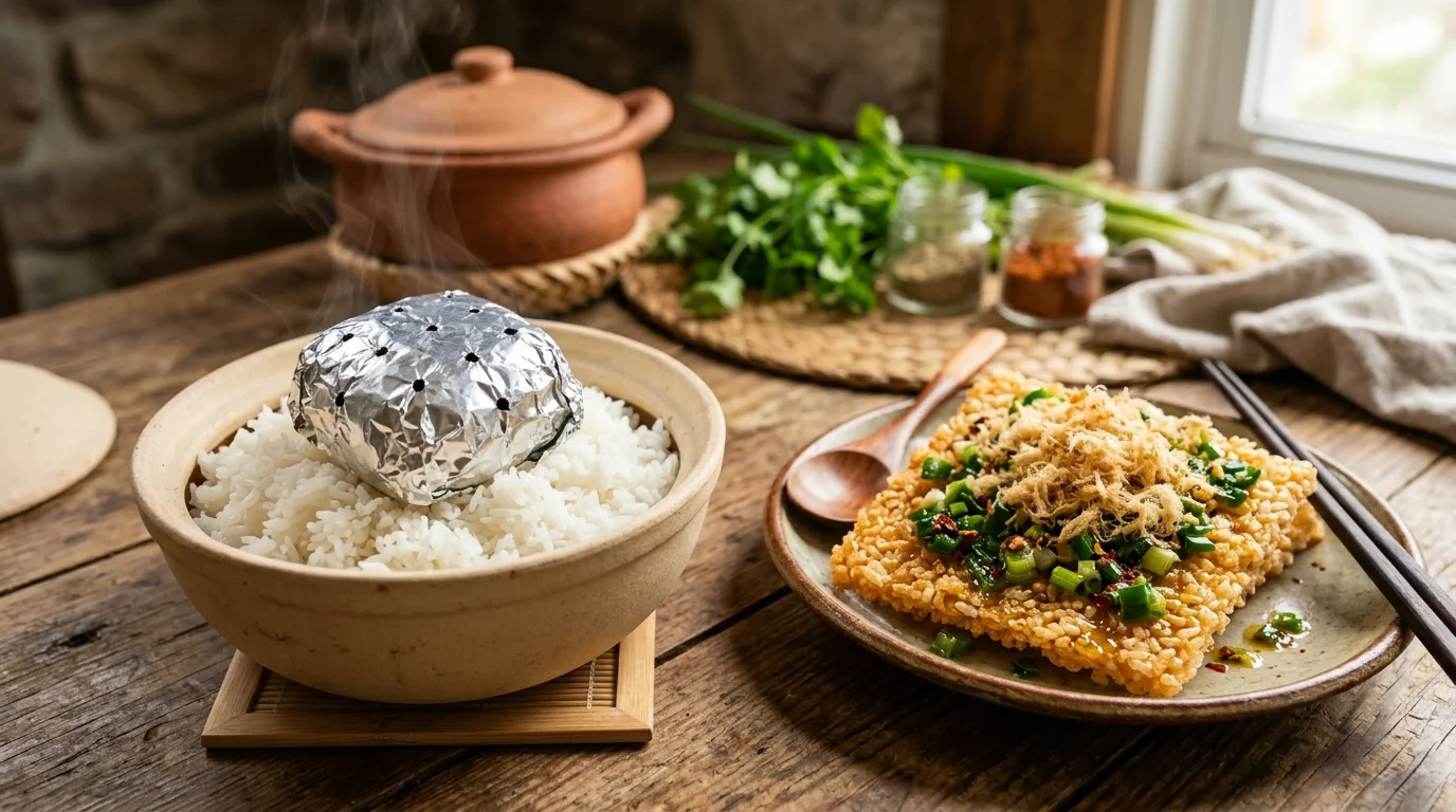 Mẹo dùng than củi sạch bọc giấy bạc hút mùi cơm khê và đĩa cơm cháy mỡ hành chà bông