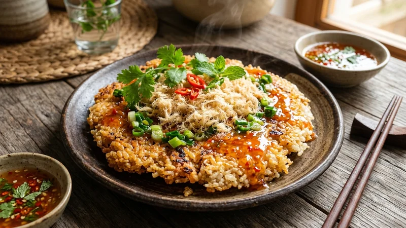 cơm nhão biến tấu thành cơm cháy chà bông mỡ hành giòn rụm