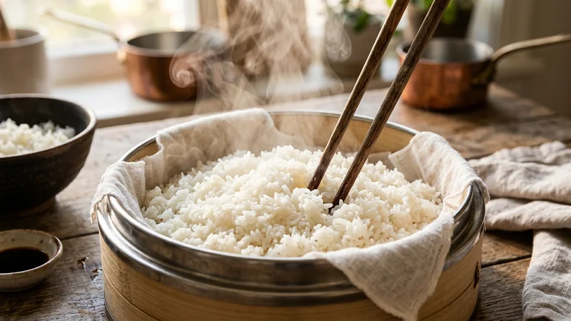Hấp cơm bị sống bằng xửng hấp cách thủy có lót khăn mùng và chọc lỗ thông hơi