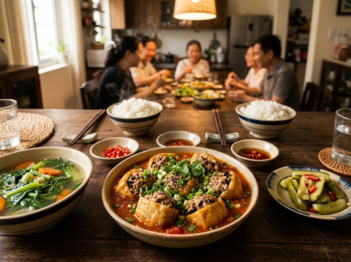 Mâm cơm gia đình ấm cúng với món đậu phụ nhồi thịt sốt cà chua làm tâm điểm