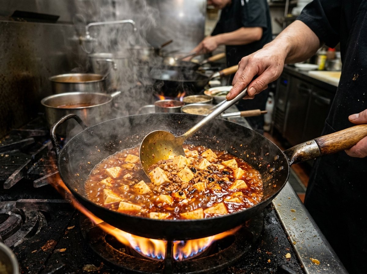 Chảo sốt Mapo Tofu đang sôi bùng đỏ thắm trên lửa lớn chảo wok