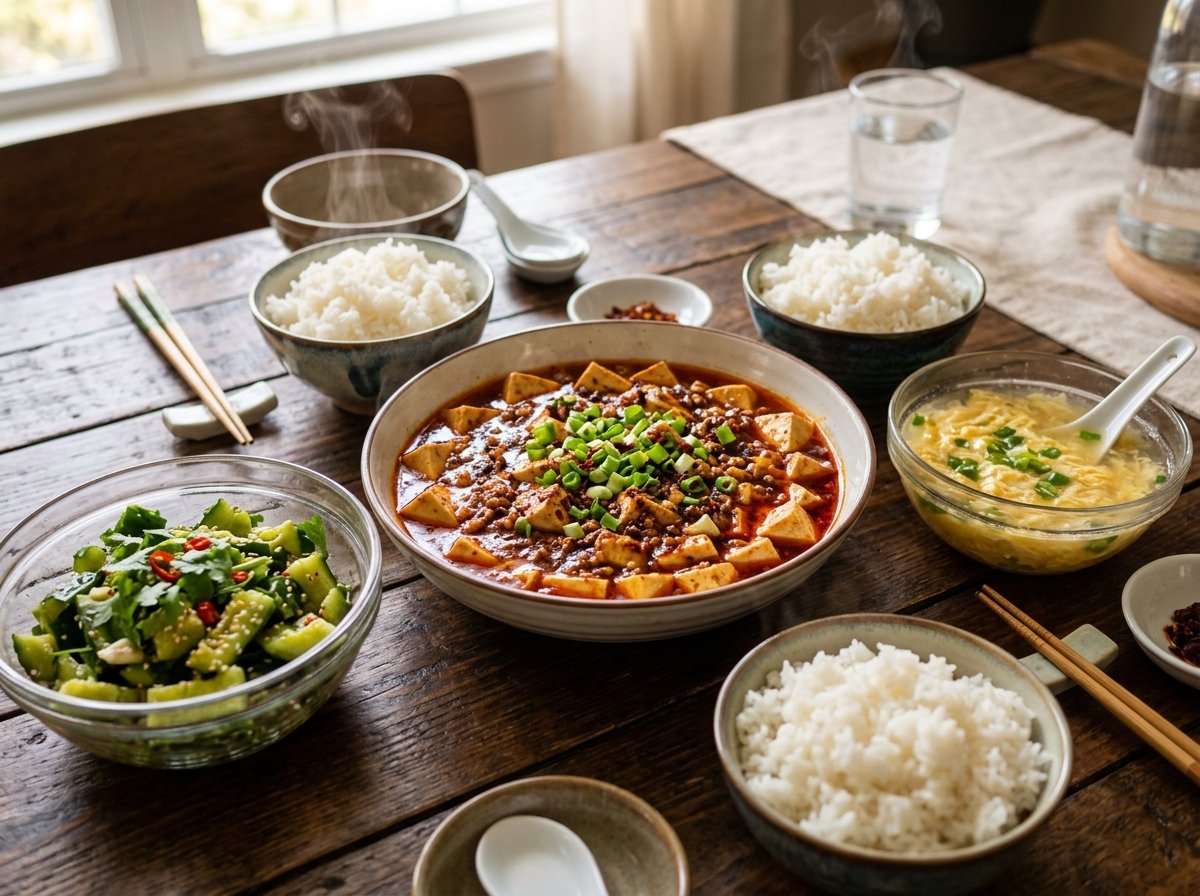 Mâm cơm gia đình bốc khói nghi ngút với tô đậu phụ sốt cay Mapo Tứ Xuyên và bát cơm trắng