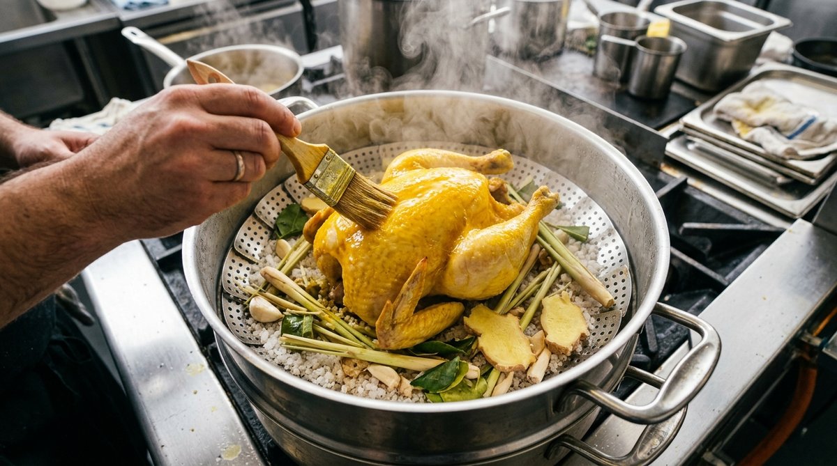 Hấp cách thủy gà trên đệm muối sả gừng và quét mỡ gà nghệ