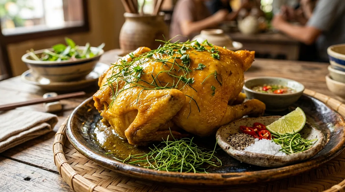 Gà hấp lá chanh da vàng giòn
