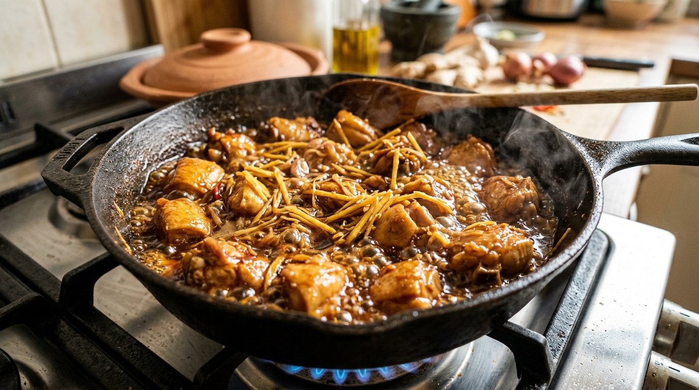 Thịt gà đảo săn xém da cùng gừng sợi trên lửa lớn