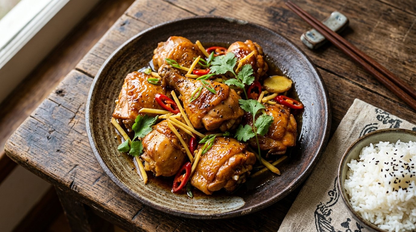 Đĩa gà kho gừng miền Bắc vàng ươm màu cánh gián hổ phách