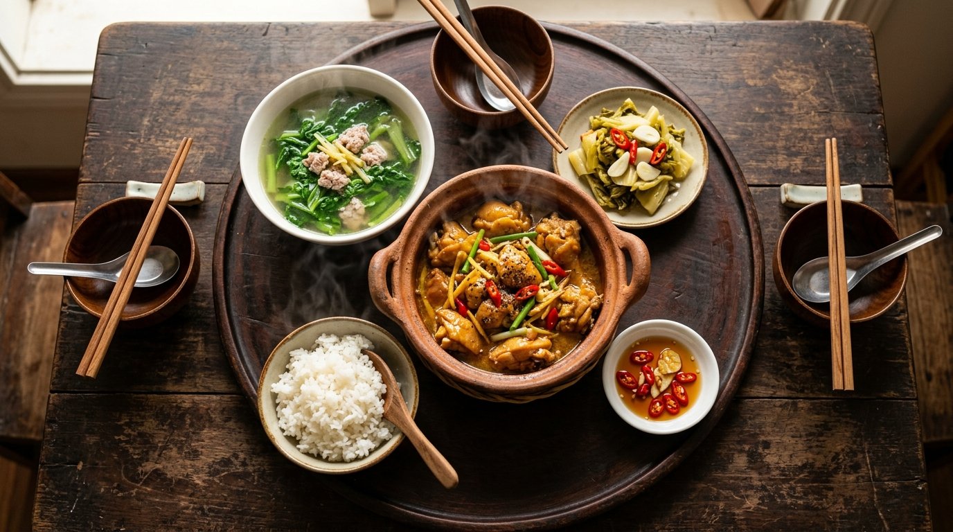 Mâm cơm gia đình hoàn chỉnh với đĩa gà kho gừng miền Bắc