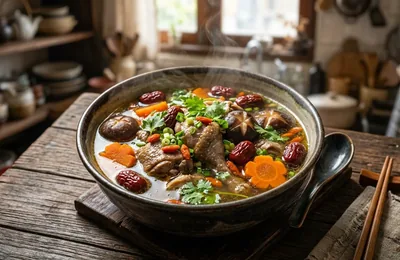Gà nấu nấm đông cô táo đỏ