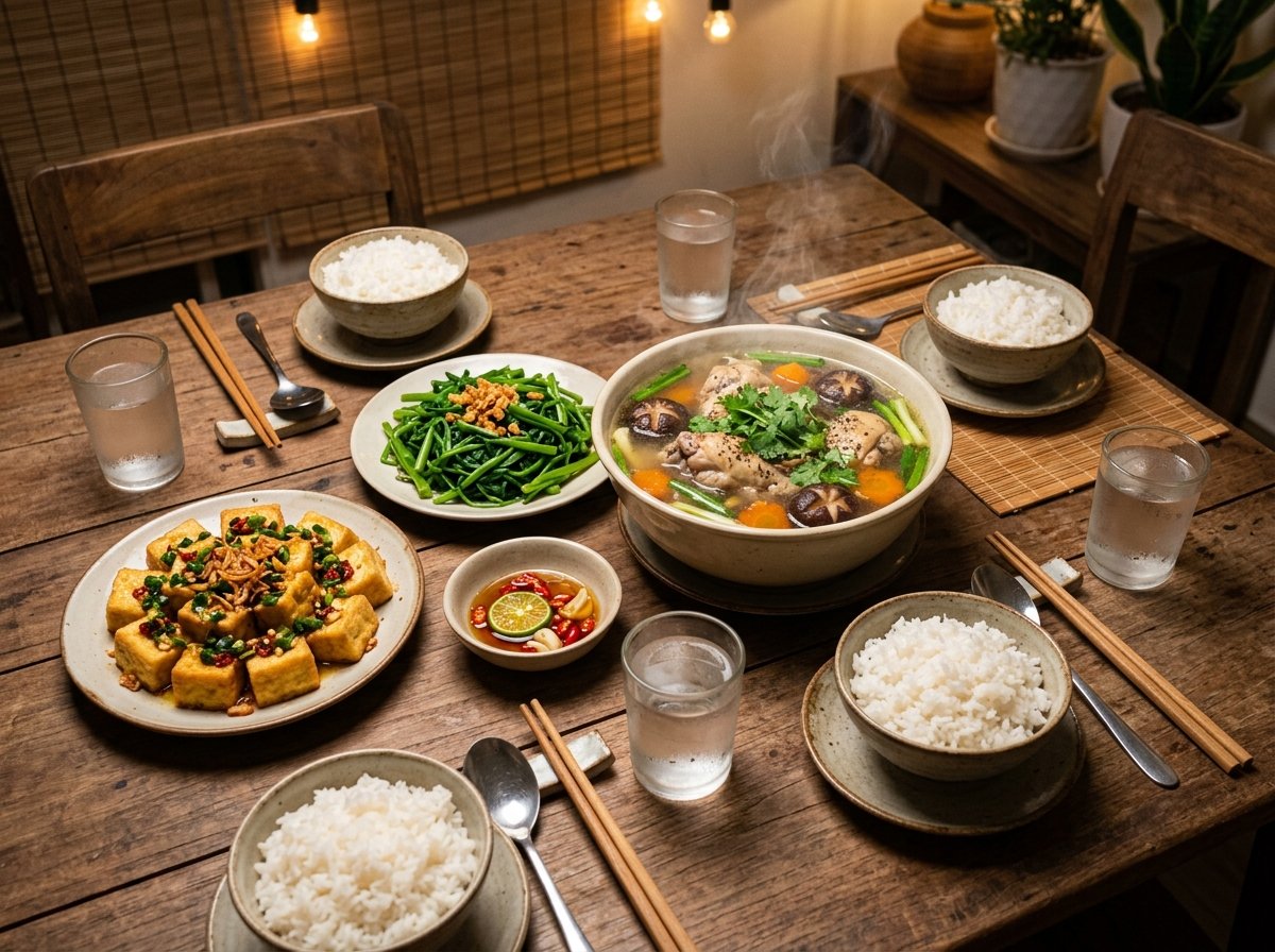 Mâm cơm gia đình hoàn chỉnh với bát canh gà nấu nấm đông cô táo đỏ