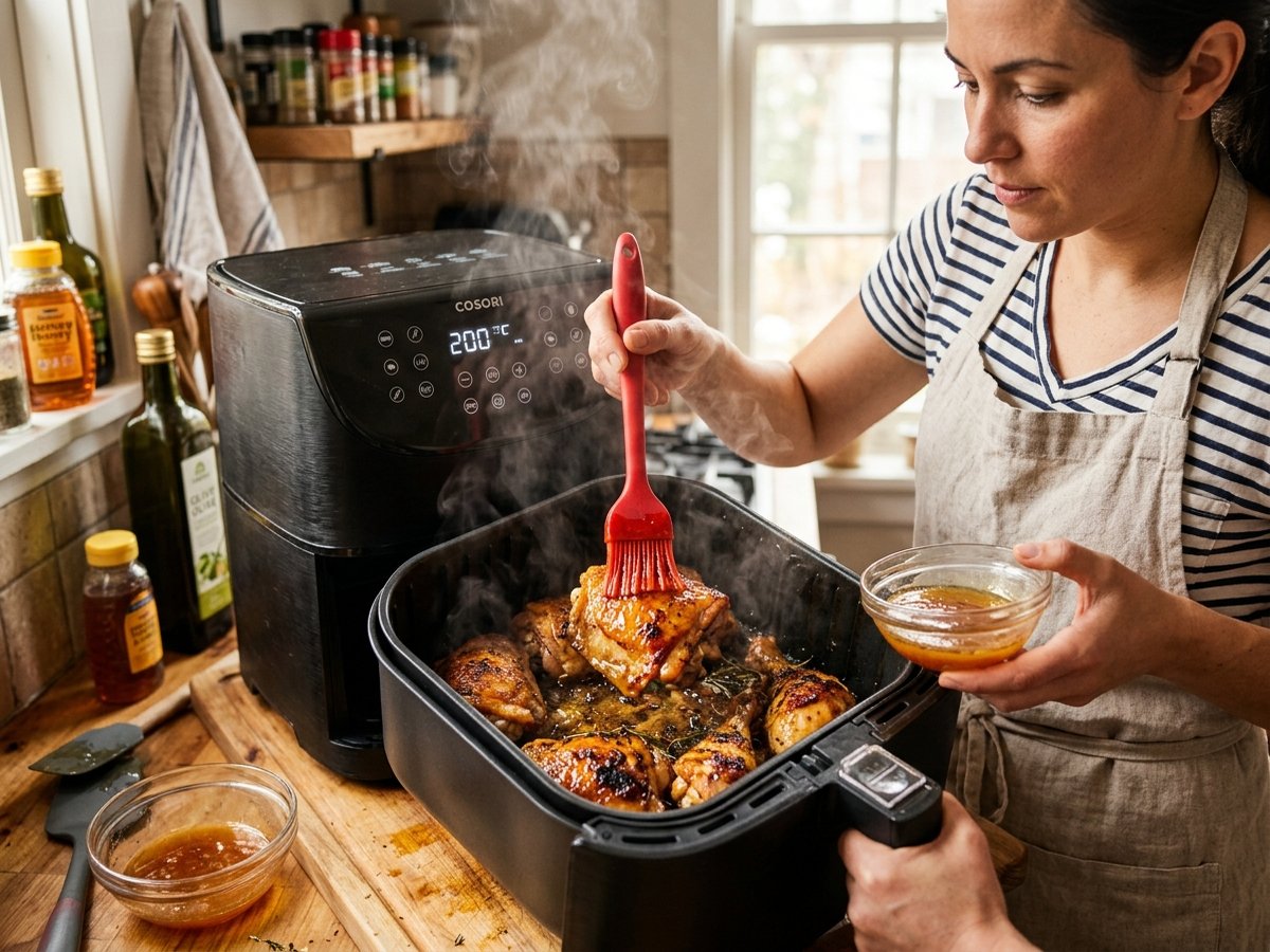 Thao tác quét sốt mật ong vàng óng lên miếng đùi gà nướng trong giỏ nồi chiên không dầu