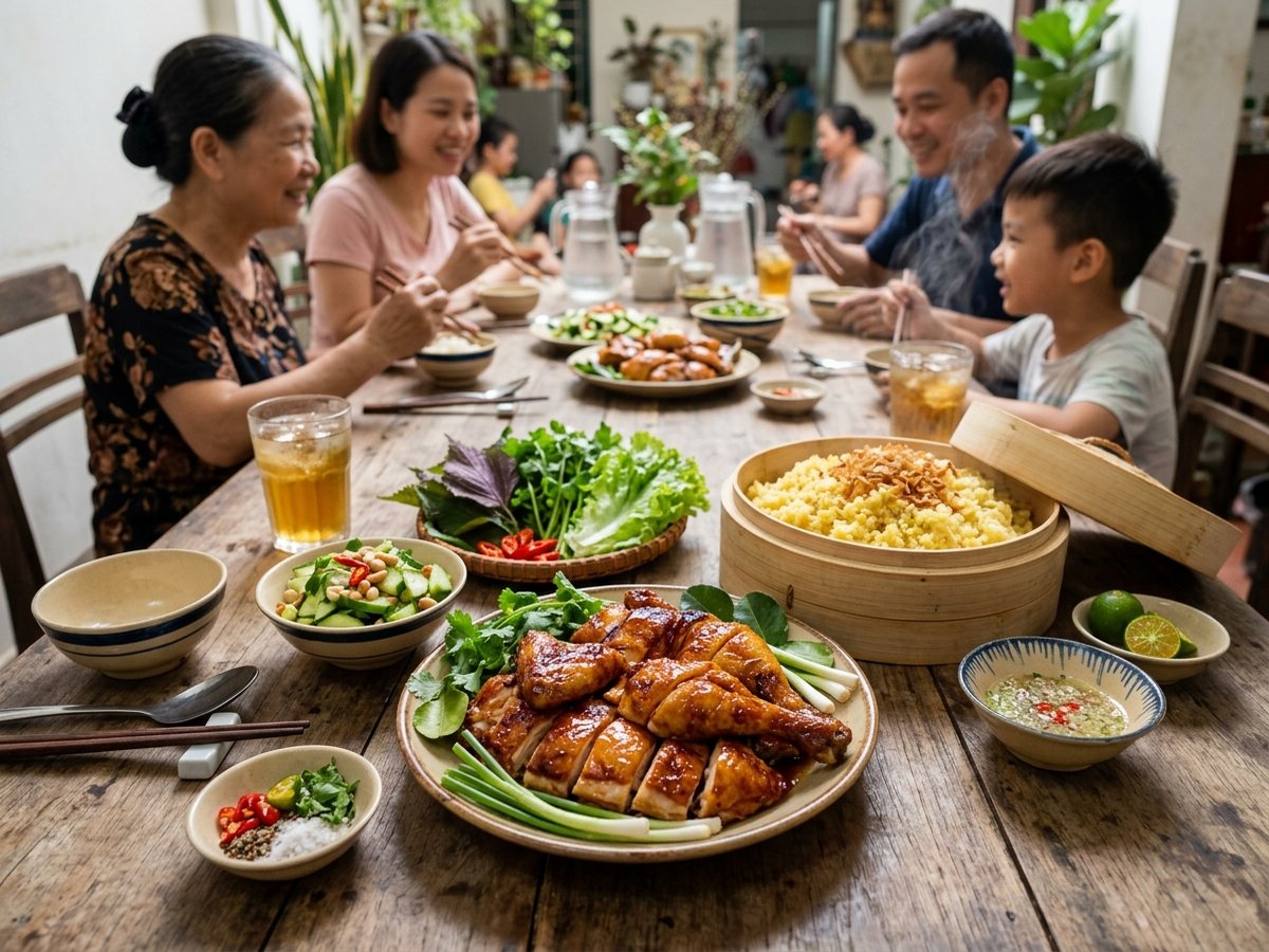Bữa cơm gia đình ấm cúng với đĩa gà nướng mật ong vàng óng, xửng xôi vò nóng hổi và trà đá